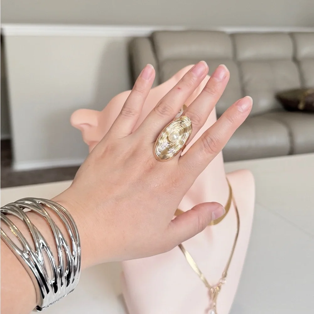 Gold Textured Ring with White Pearl - Women Jewelry